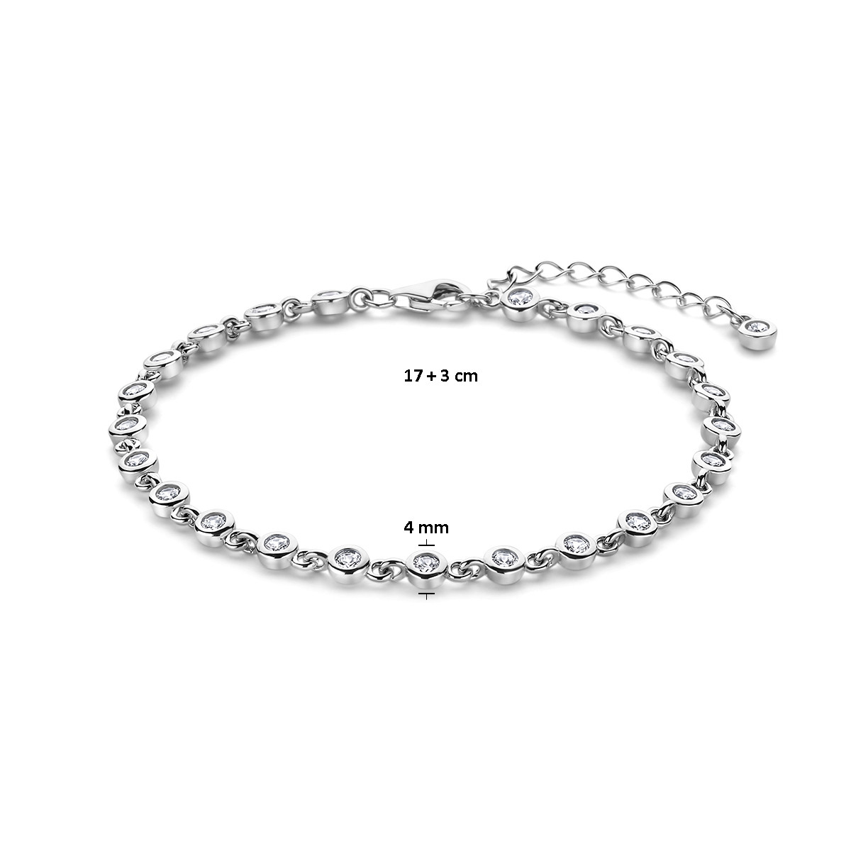 Gerhodineerd zilveren armband met zirkonia's en bolletjes 4 mm breed - Lengte 17 + 3 cm