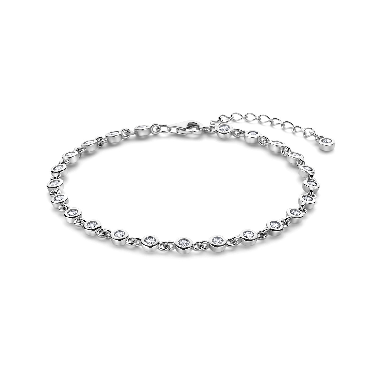 Gerhodineerd zilveren armband met zirkonia's en bolletjes 4 mm breed - Lengte 17 + 3 cm