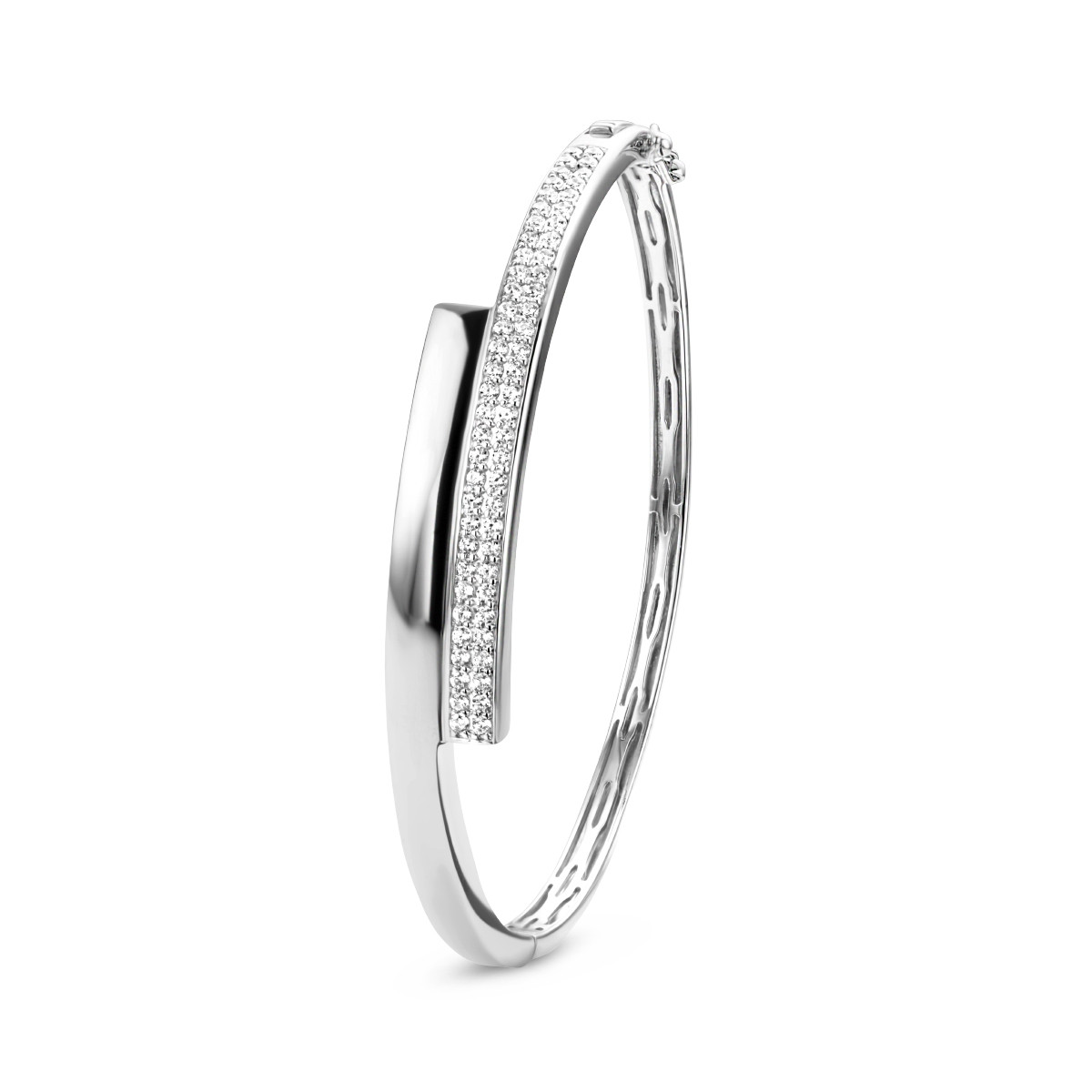 Gerhodineerd zilveren bangle met briljant geslepen zirkonia 9.5 mm breed - Diameter 61 mm