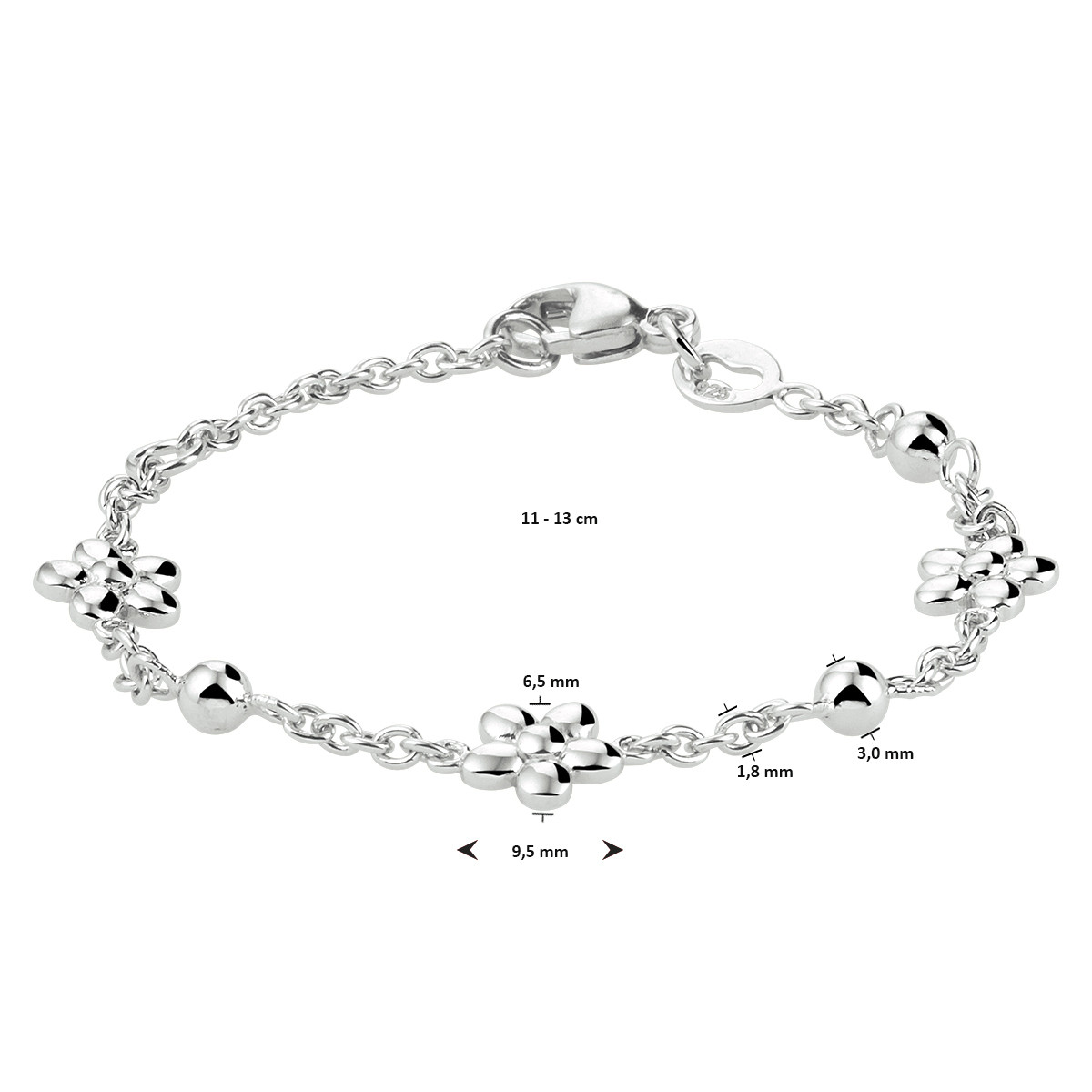 Gerhodineerd zilveren bedelarmband met bloemen en bolletjes 9.5 mm breed - Lengte 11-13 cm