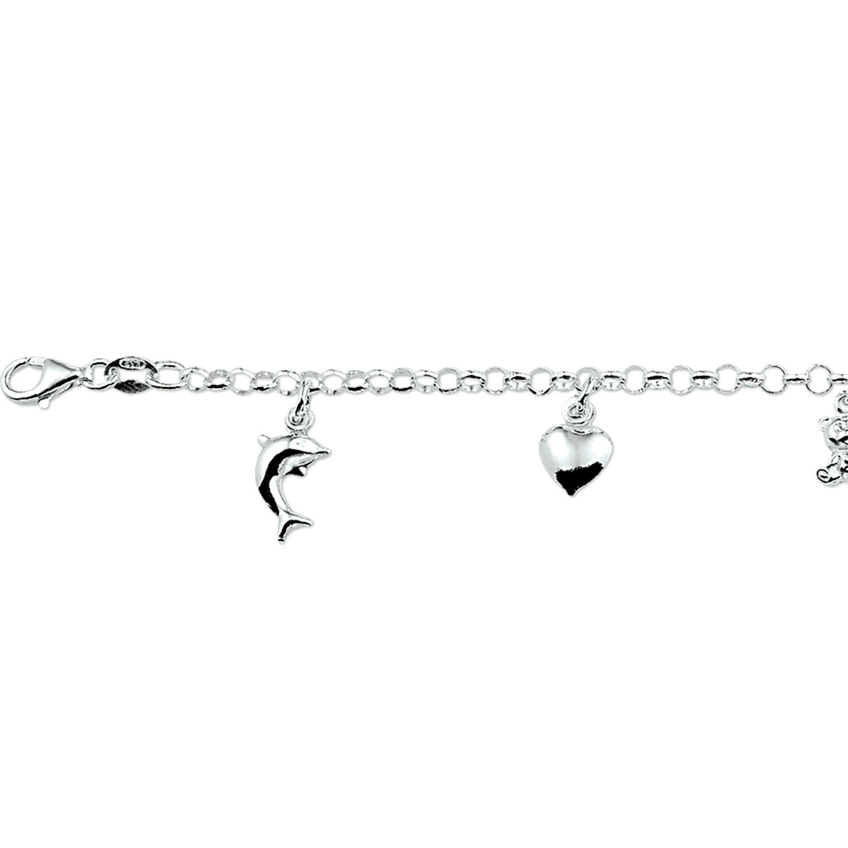 Gerhodineerd zilveren bedelarmband met dolfijn hart beer - Lengte 15 cm