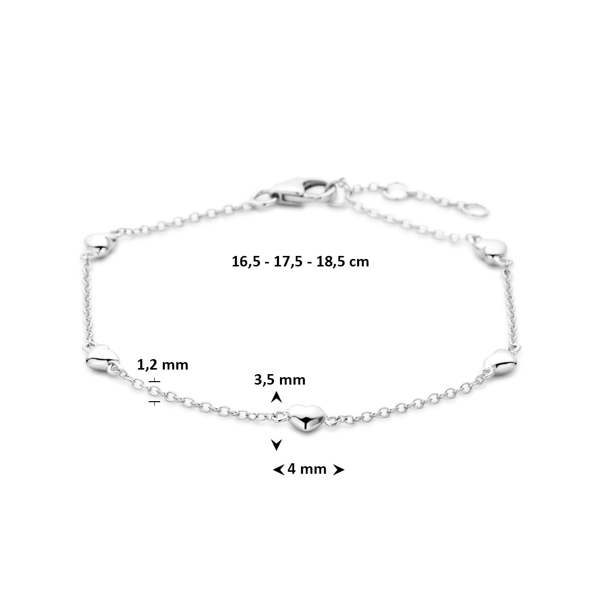 Gerhodineerd zilveren bedelarmband met hartjes 4 mm breed - Lengte 16.5-17.5-18.5 cm