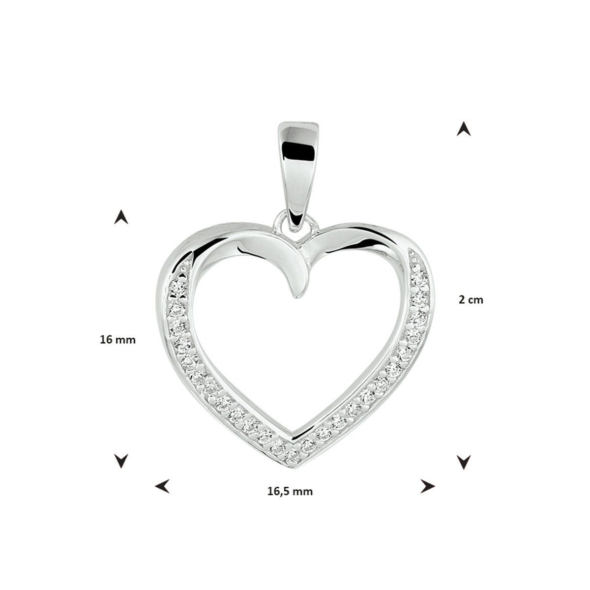 Gerhodineerd zilveren hart hanger met zirkonia's - 20 x 16.5 mm