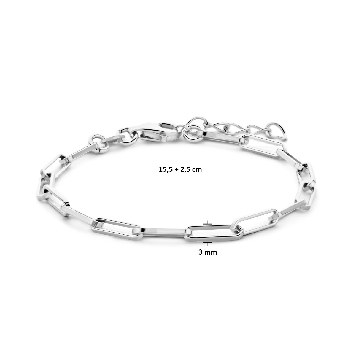 Gerhodineerd zilveren paperclip armband vierkante buis 3 mm - Lengte 15.5 + 2.5 cm