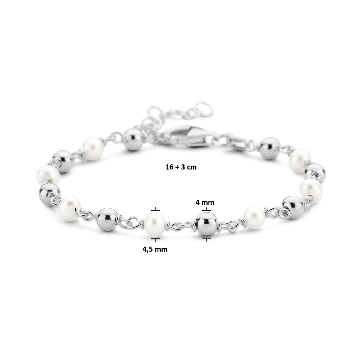 Gerhodineerd zilveren parelarmband met witte zoetwaterparels 4 mm breed - Lengte 16-19 cm