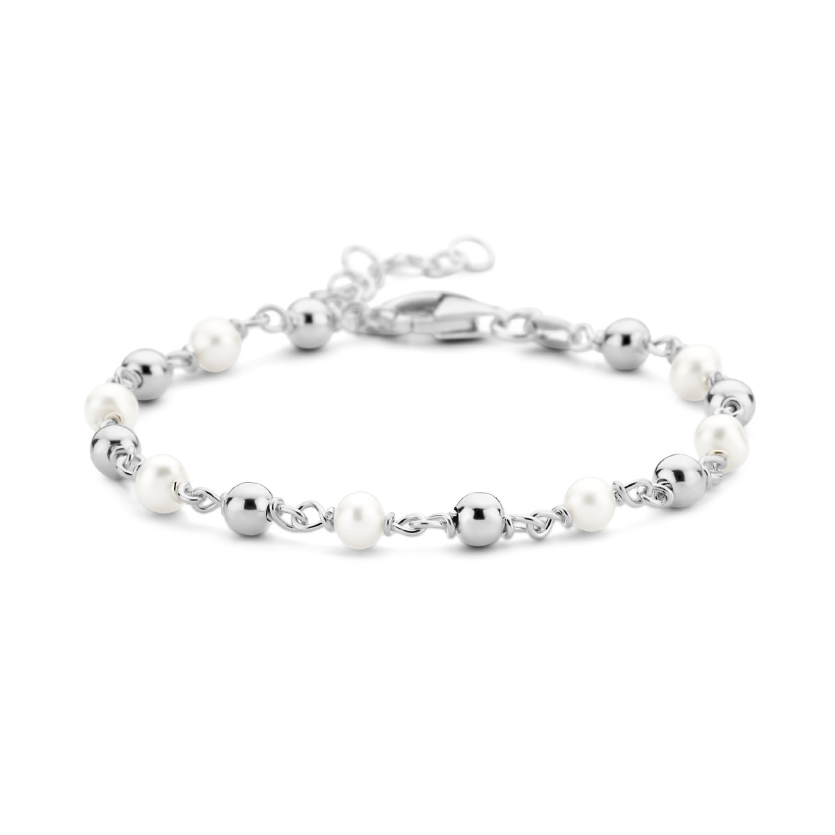 Gerhodineerd zilveren parelarmband met witte zoetwaterparels 4 mm breed - Lengte 16-19 cm