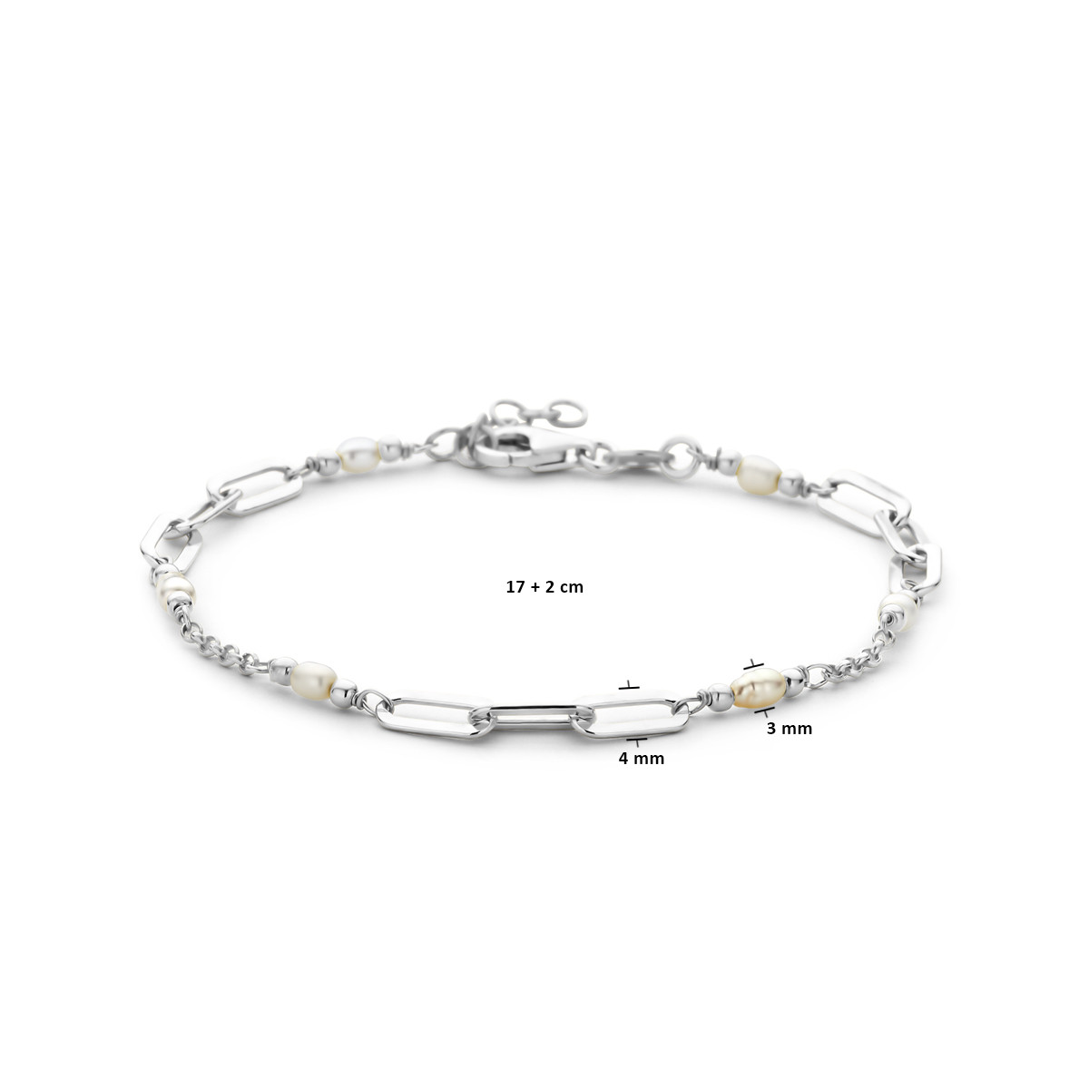 Gerhodineerd zilveren parelarmband met zoetwaterparels 4 mm breed - Lengte 17-19 cm