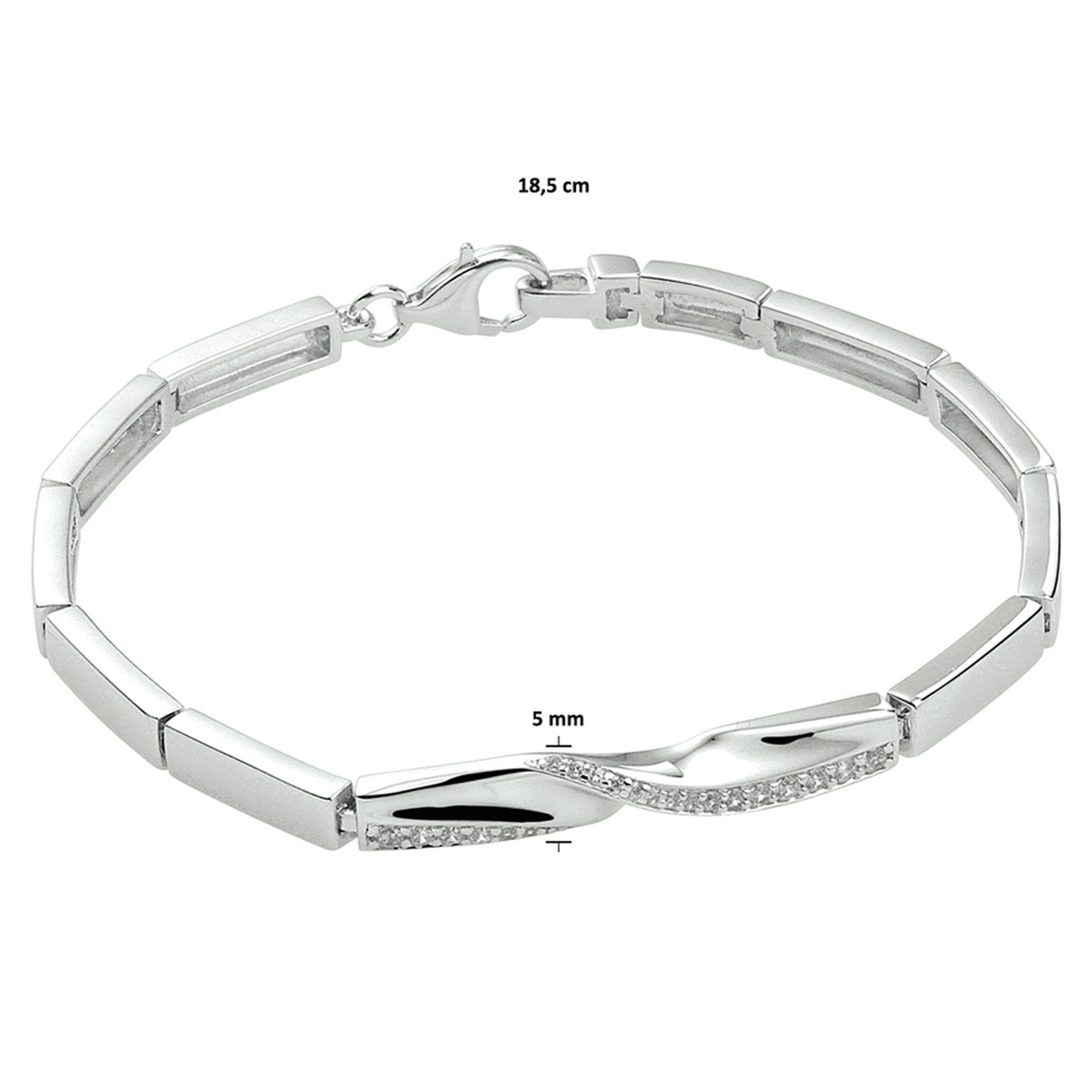 Gerhodineerd zilveren schakelarmband met rechte en golvende zirkonia 5 mm breed - Lengte 18.5 cm