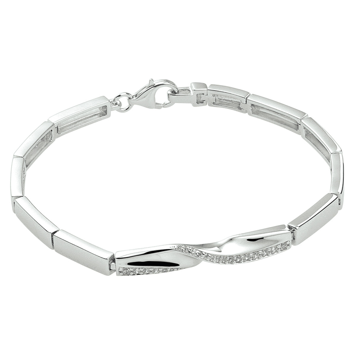Gerhodineerd zilveren schakelarmband met rechte en golvende zirkonia 5 mm breed - Lengte 18.5 cm