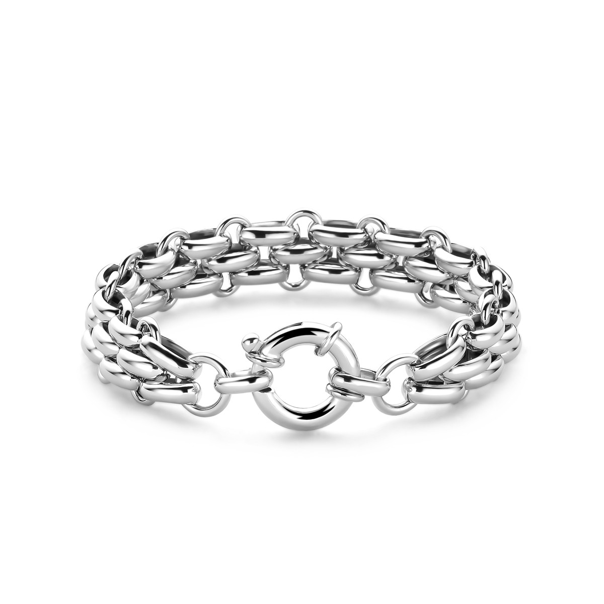 Gerhodineerd zilveren schakelarmband met veerringsluiting - 14 mm breed - Lengte 19.5 cm