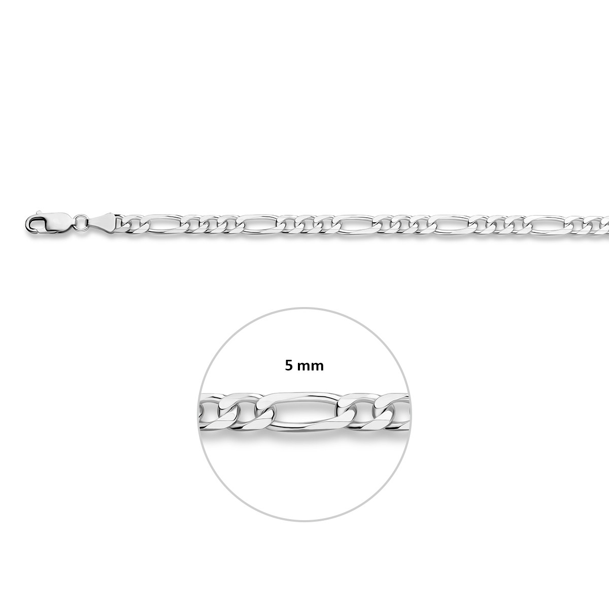 Gerhodineerd zilveren schakelarmband voor heren met figaro schakel 5.1 mm breed - Lengte 20 cm