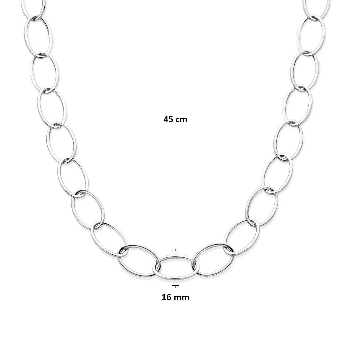 Gerhodineerd zilveren schakelketting met ovale schakels 16 mm breed - Lengte 45 cm