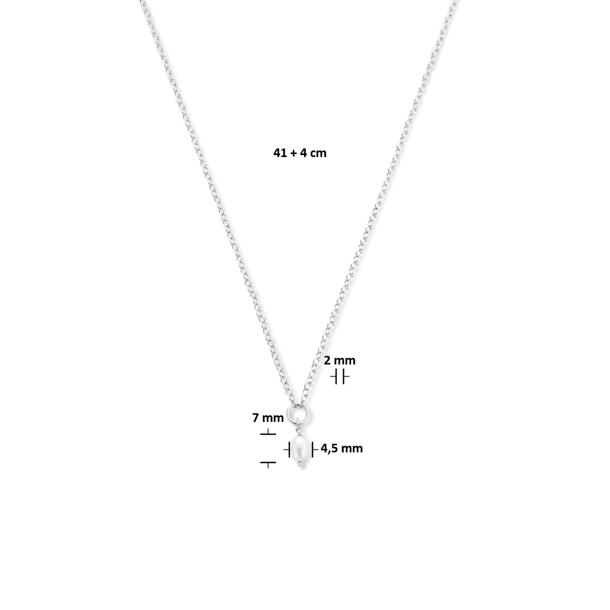 Gerhodineerde zilveren ketting met parel hanger 2.0 mm - 41 + 4 cm