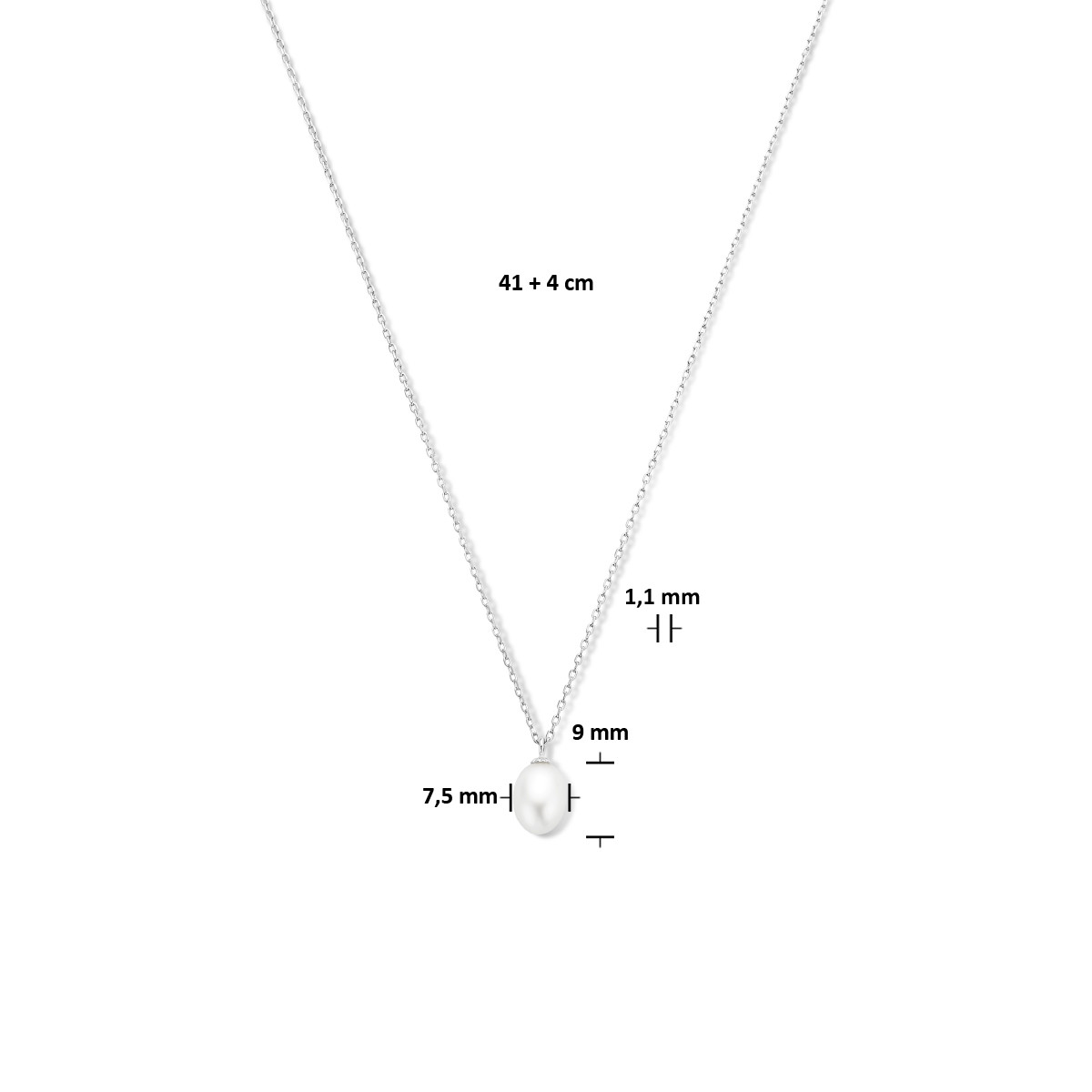 Gerhodineerde zilveren ketting met zoetwaterparel 1.1 mm - Lengte 41 + 4 cm