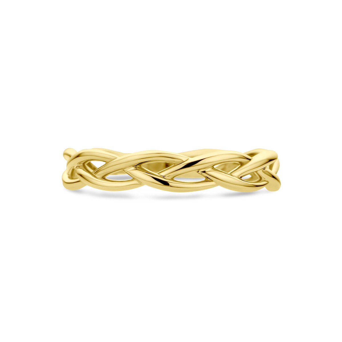 Gevlochten 14-karaat gouden damesring glanzende afwerking 3.5 mm breed