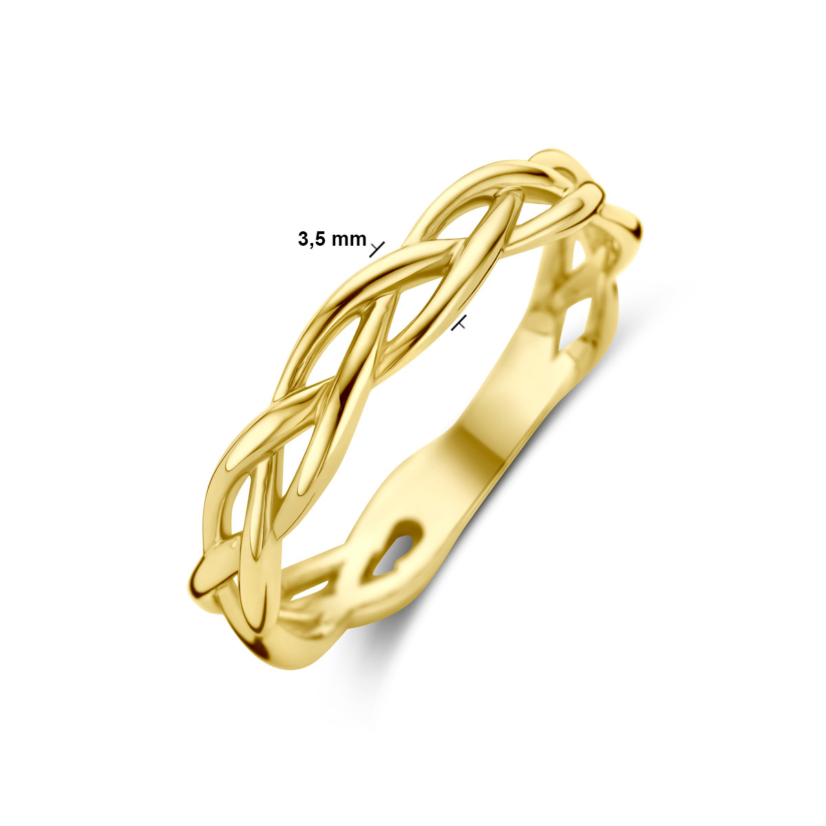 Gevlochten 14-karaat gouden damesring glanzende afwerking 3.5 mm breed