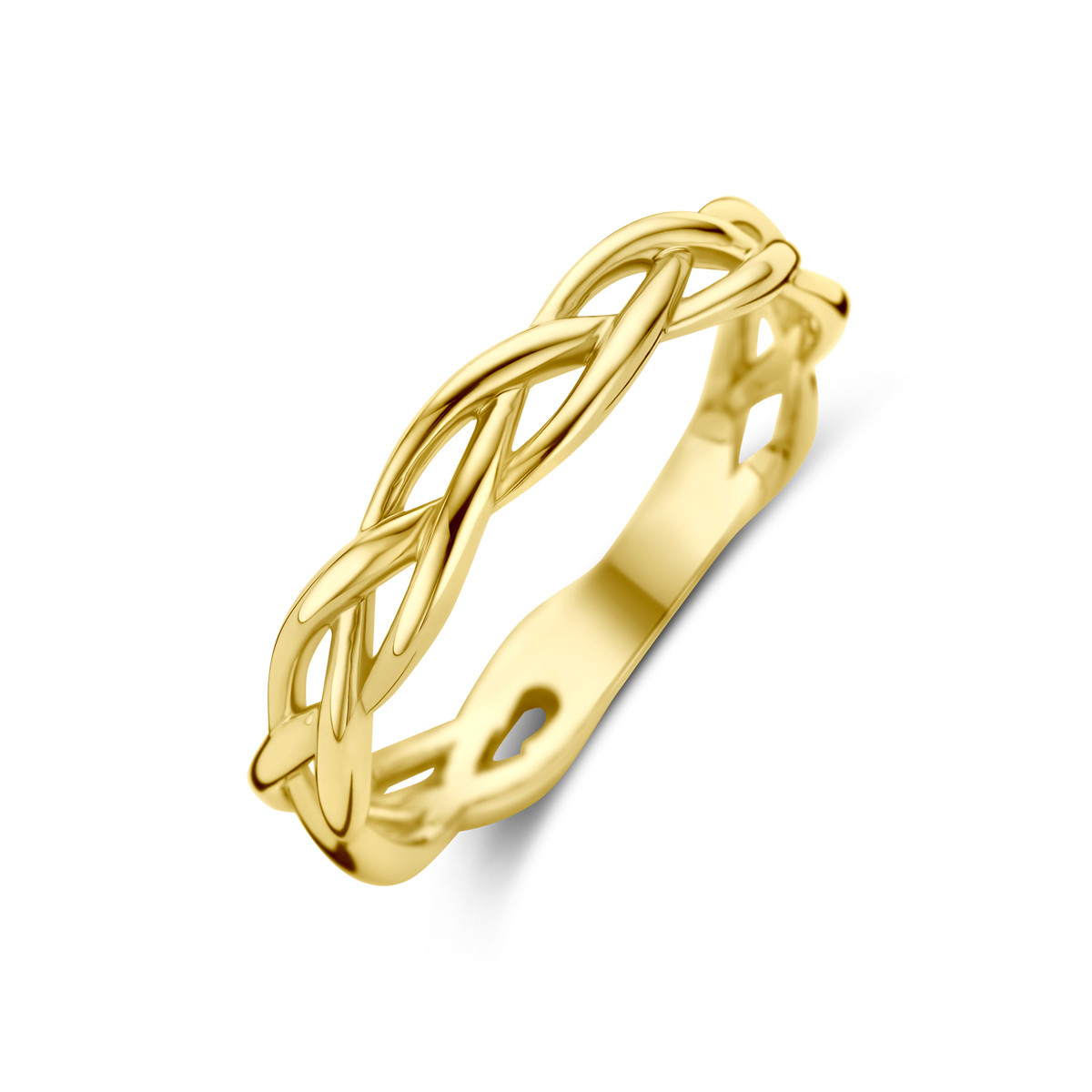 Gevlochten 14-karaat gouden damesring glanzende afwerking 3.5 mm breed