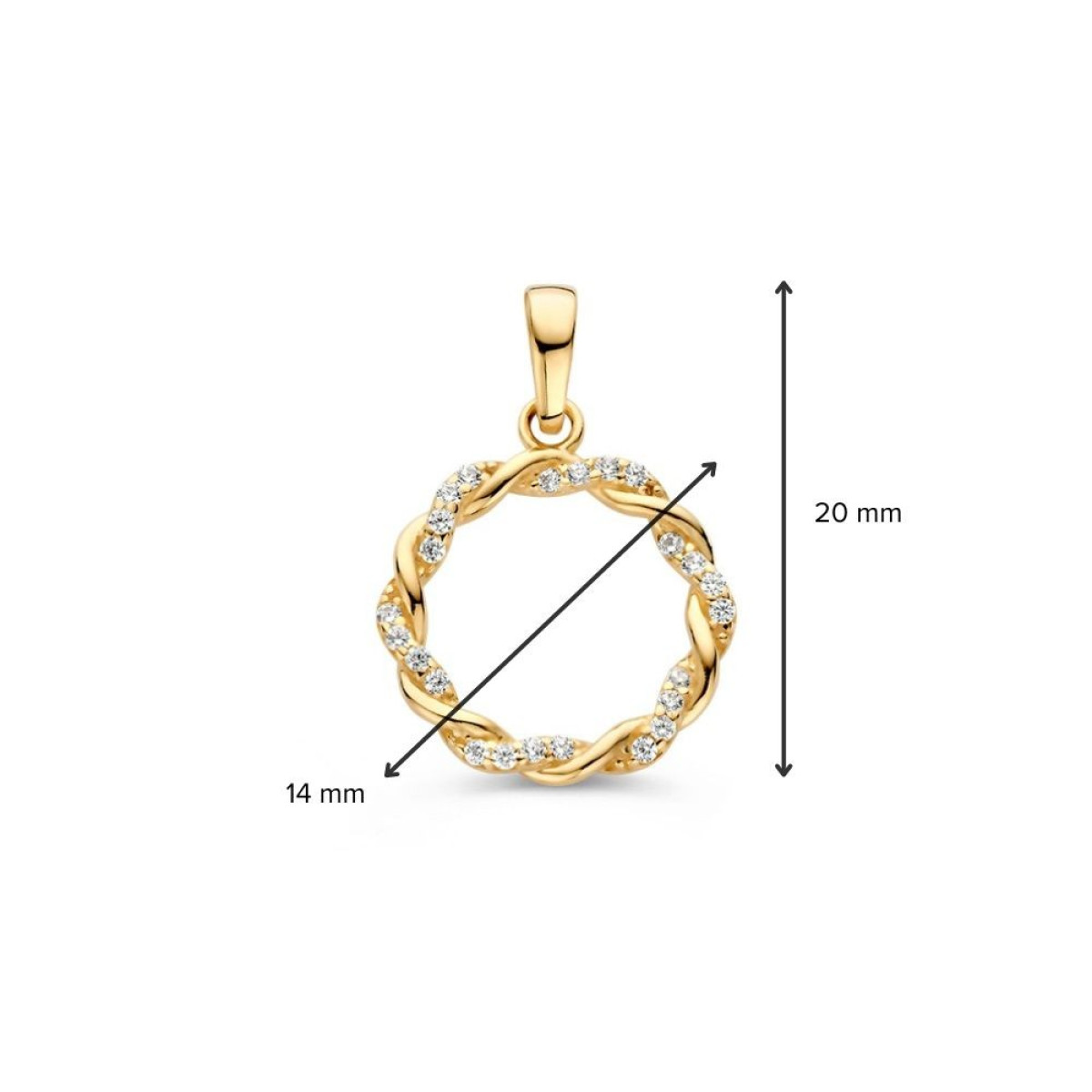Gevlochten open ronde hanger van 14-karaat goud met zirkonia - Diameter 14 mm