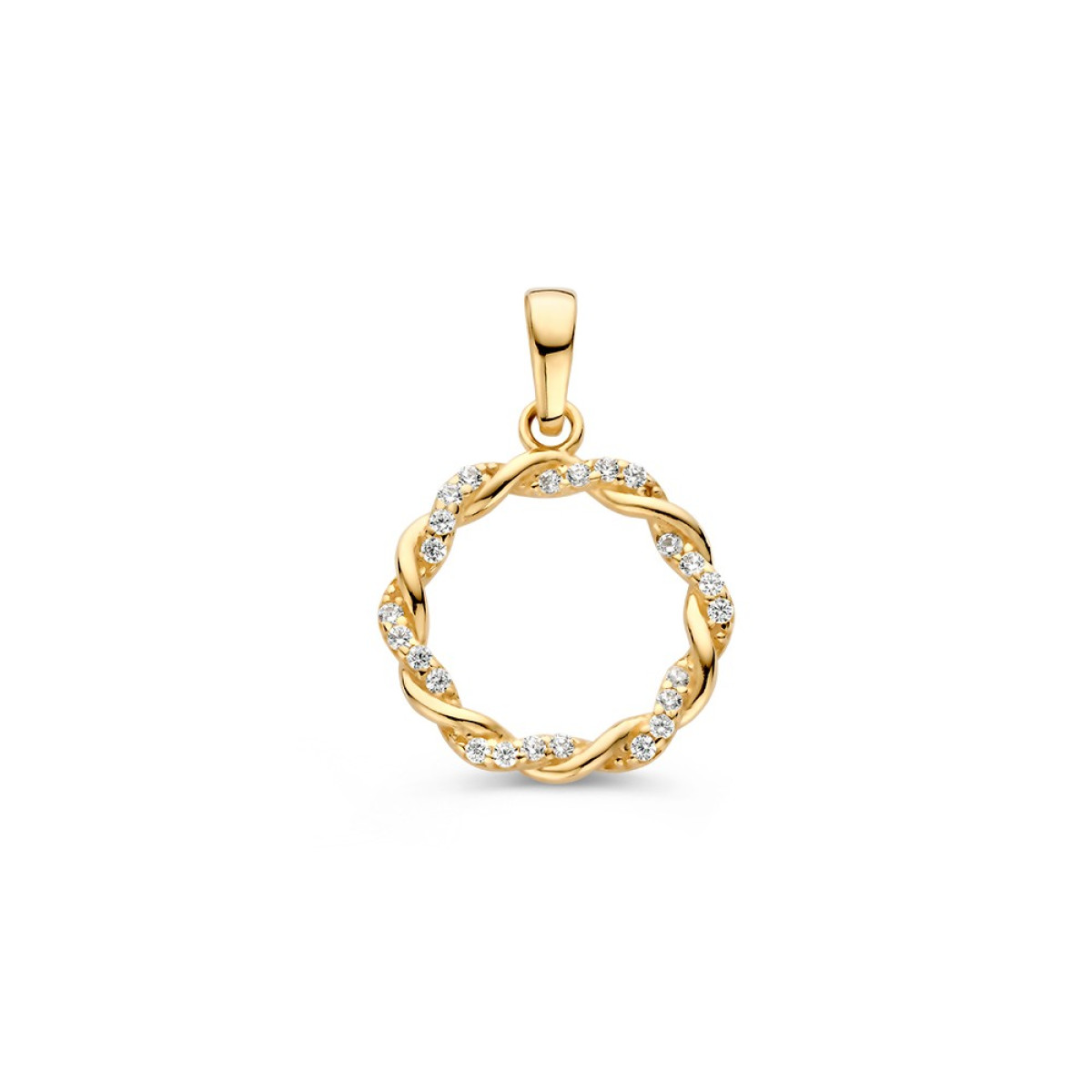 Gevlochten open ronde hanger van 14-karaat goud met zirkonia - Diameter 14 mm