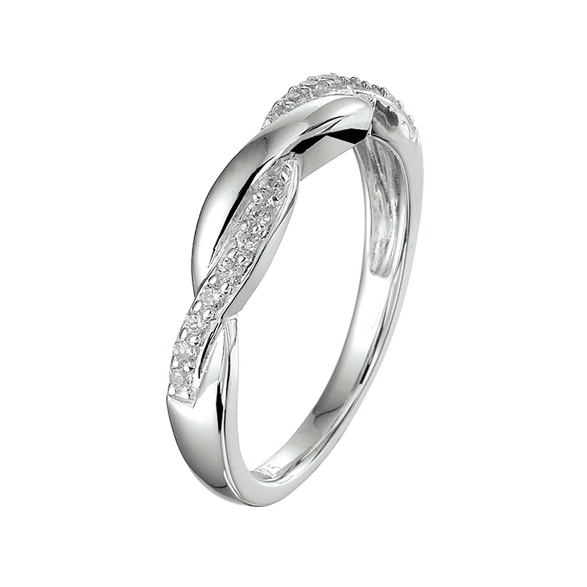 Gevlochten zilveren ring met transparante zirkonia's 4 mm breed
