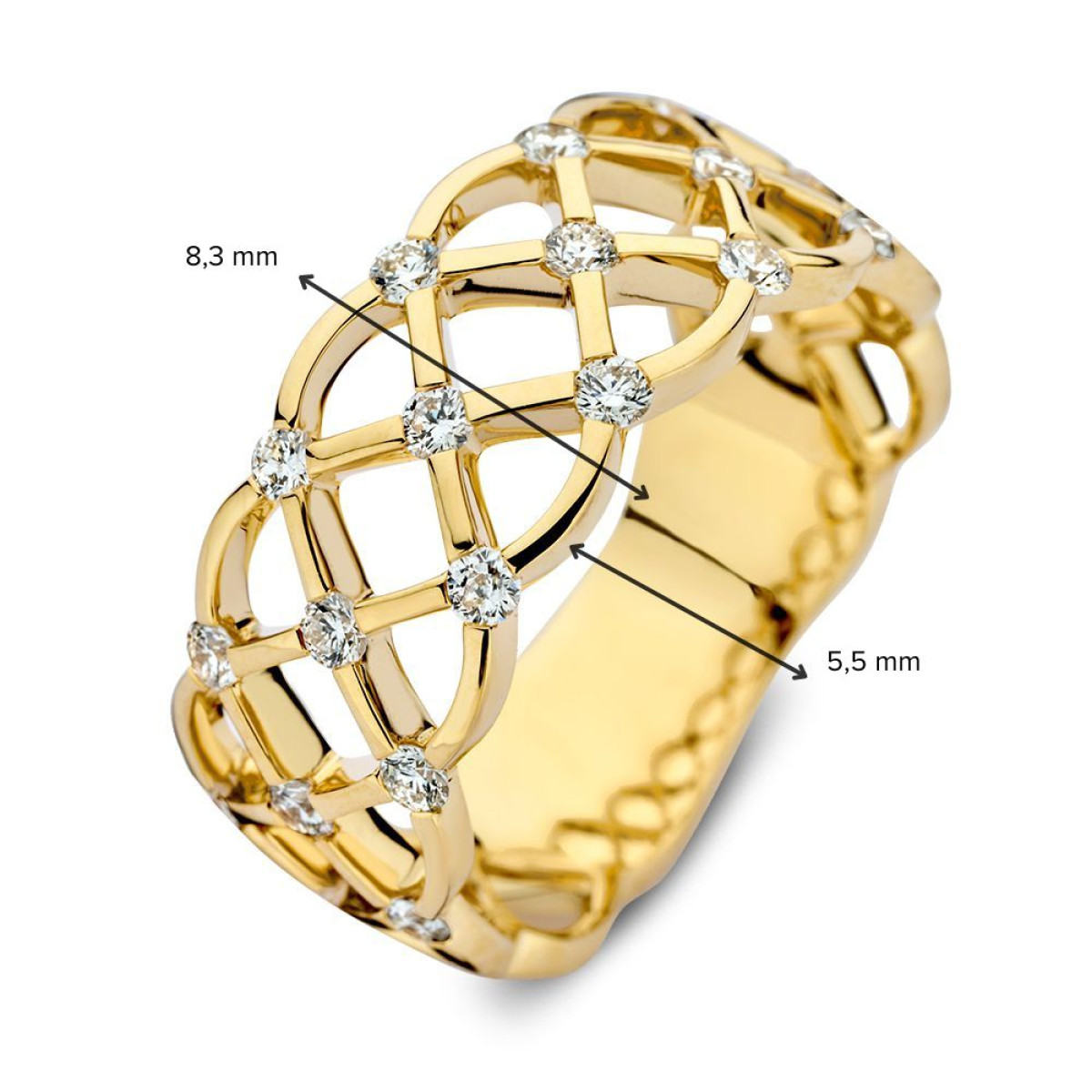Geweven gouden schakelring met diamanten 0.46 crt van 8.3 mm breed