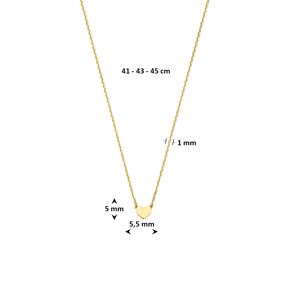 Glanzende 14-karaat gouden ketting met hartjes hanger - Lengte 41-43-45 cm