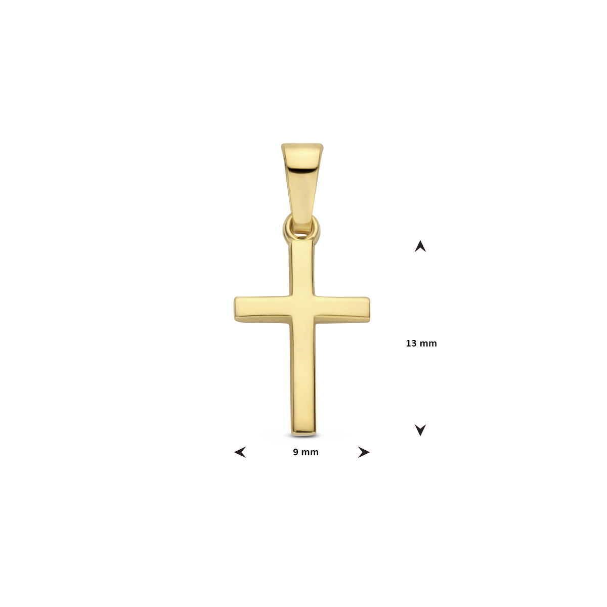 Glanzende 14-karaat gouden kruisje hanger 9 mm breed - Hoogte 13 mm