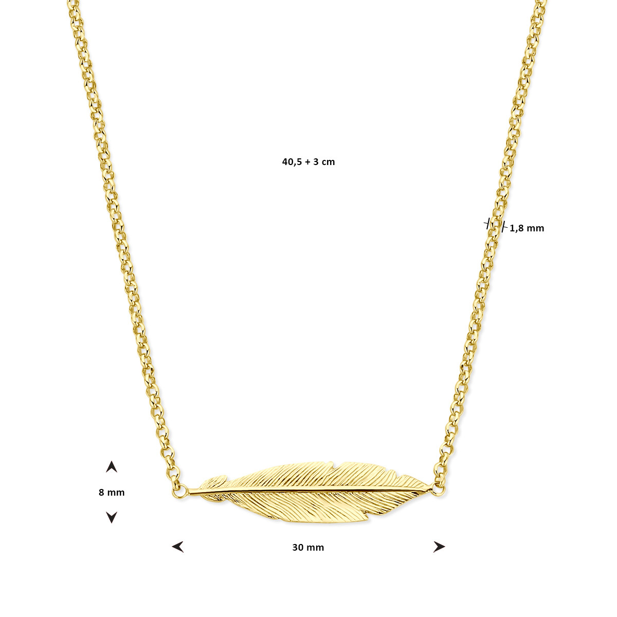 Glanzende gold plated ketting met veer hanger 1.8 mm breed - Lengte 40.5-43.5 cm