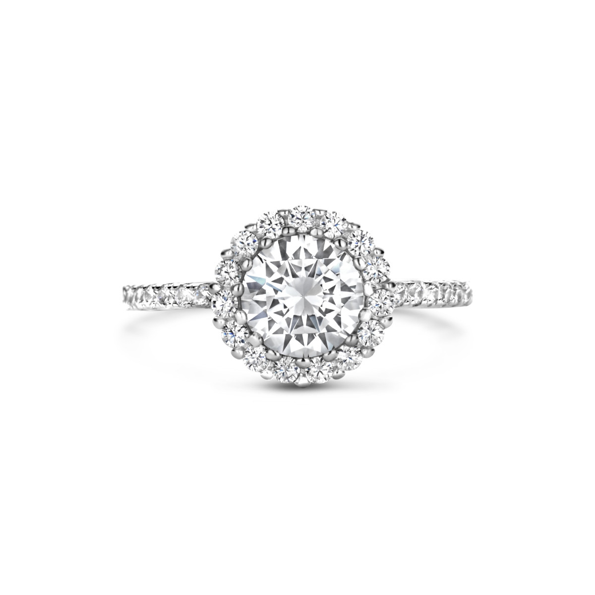 Glanzende zilveren halo ring met briljant geslepen zirkonia's 10 mm breed