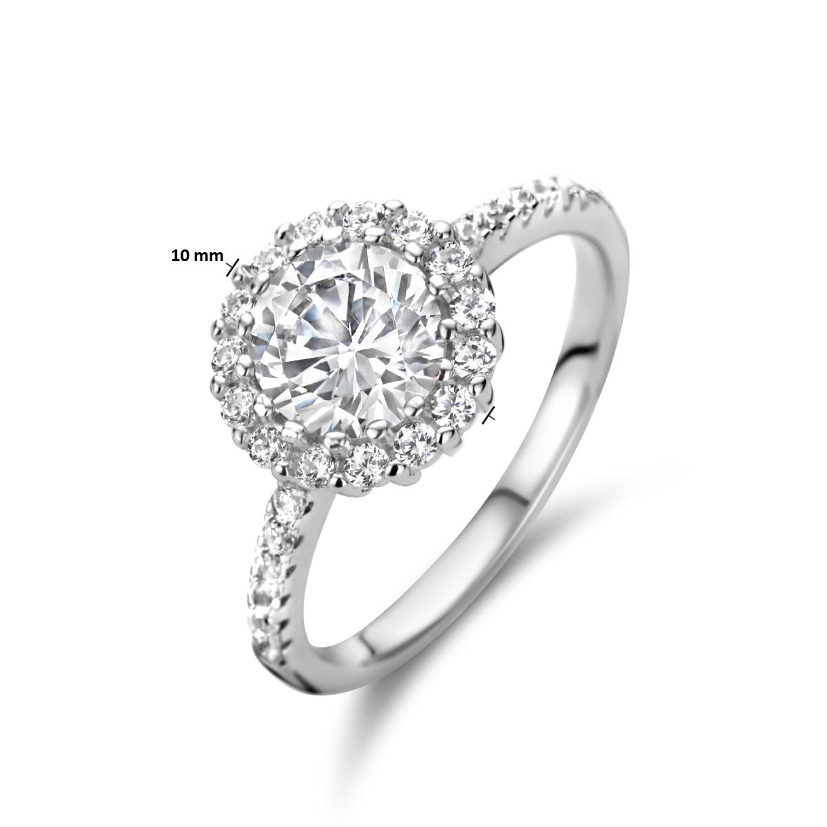Glanzende zilveren halo ring met briljant geslepen zirkonia's 10 mm breed