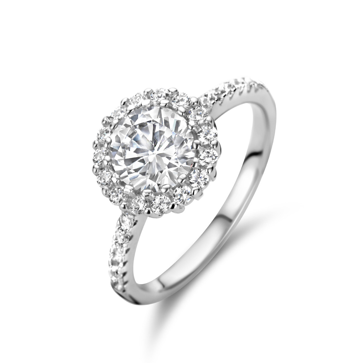 Glanzende zilveren halo ring met briljant geslepen zirkonia's 10 mm breed