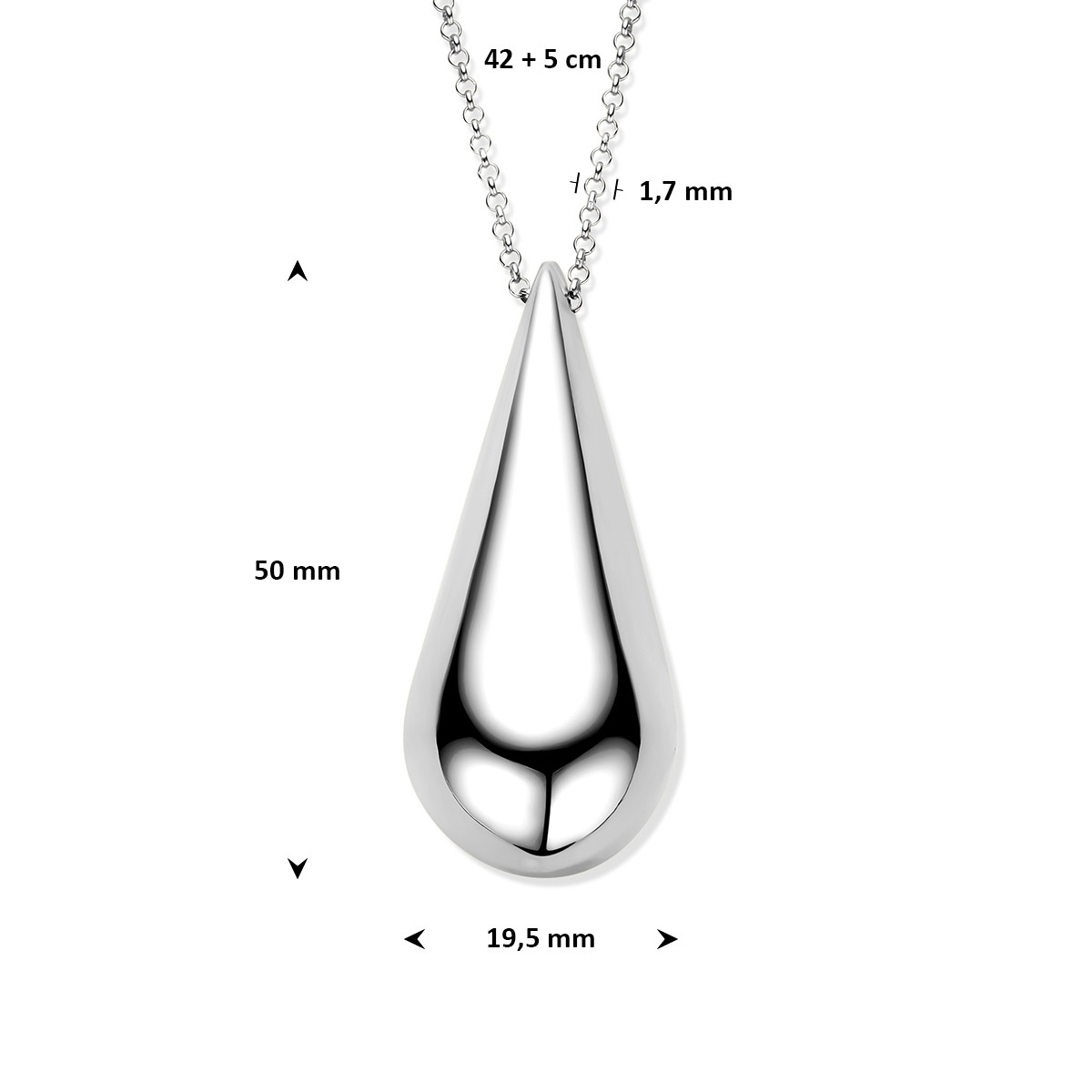 Glanzende zilveren ketting met druppel hanger glanzend 50 mm - Lengte 42-47 cm