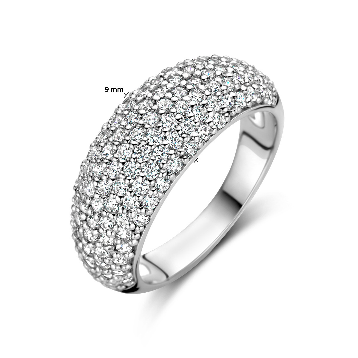 Glanzende zilveren ring met rijen pavé gezette zirkonia's 9 mm breed
