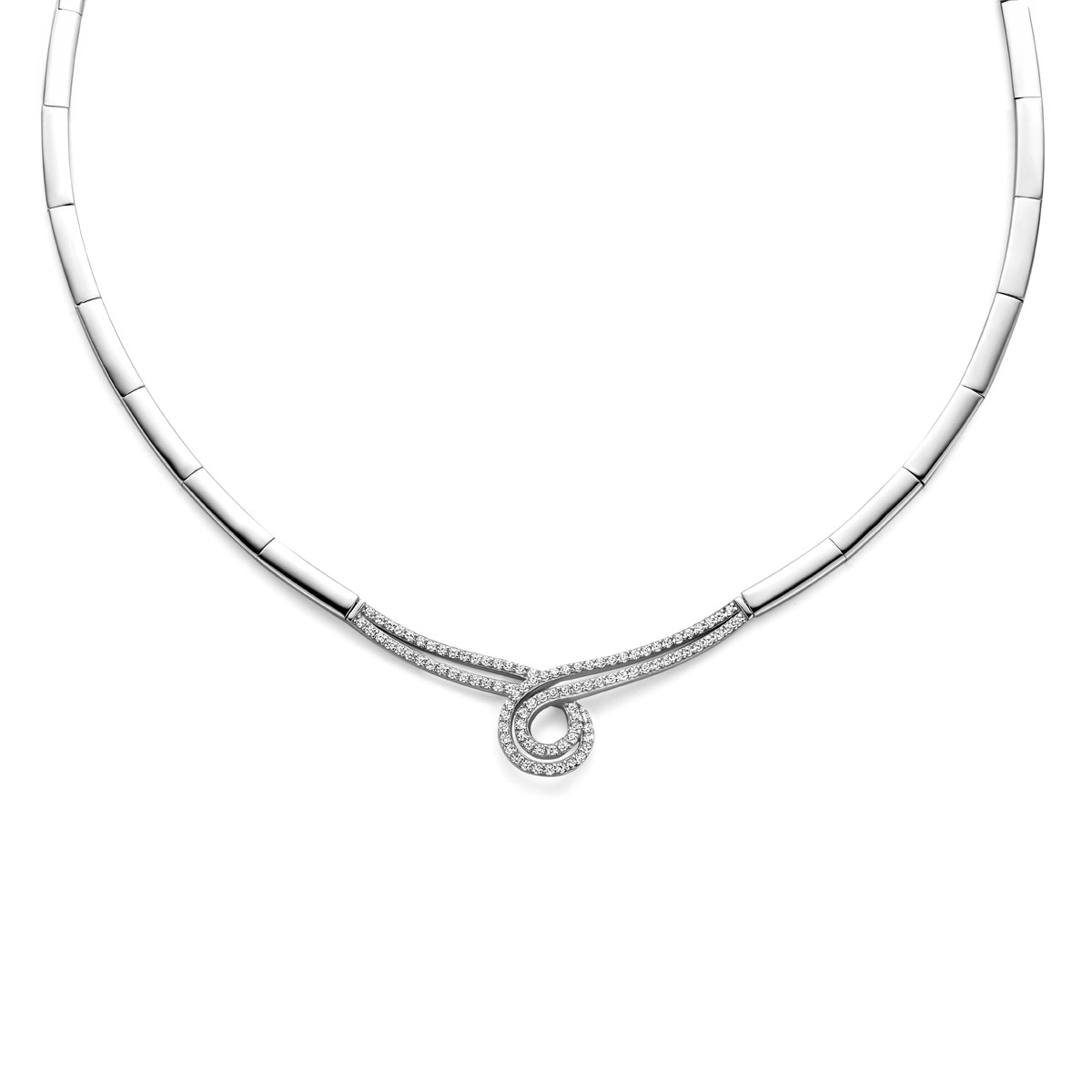 Glanzende zilveren spangketting met transparante zirkonia stenen - Lengte 42-45 cm