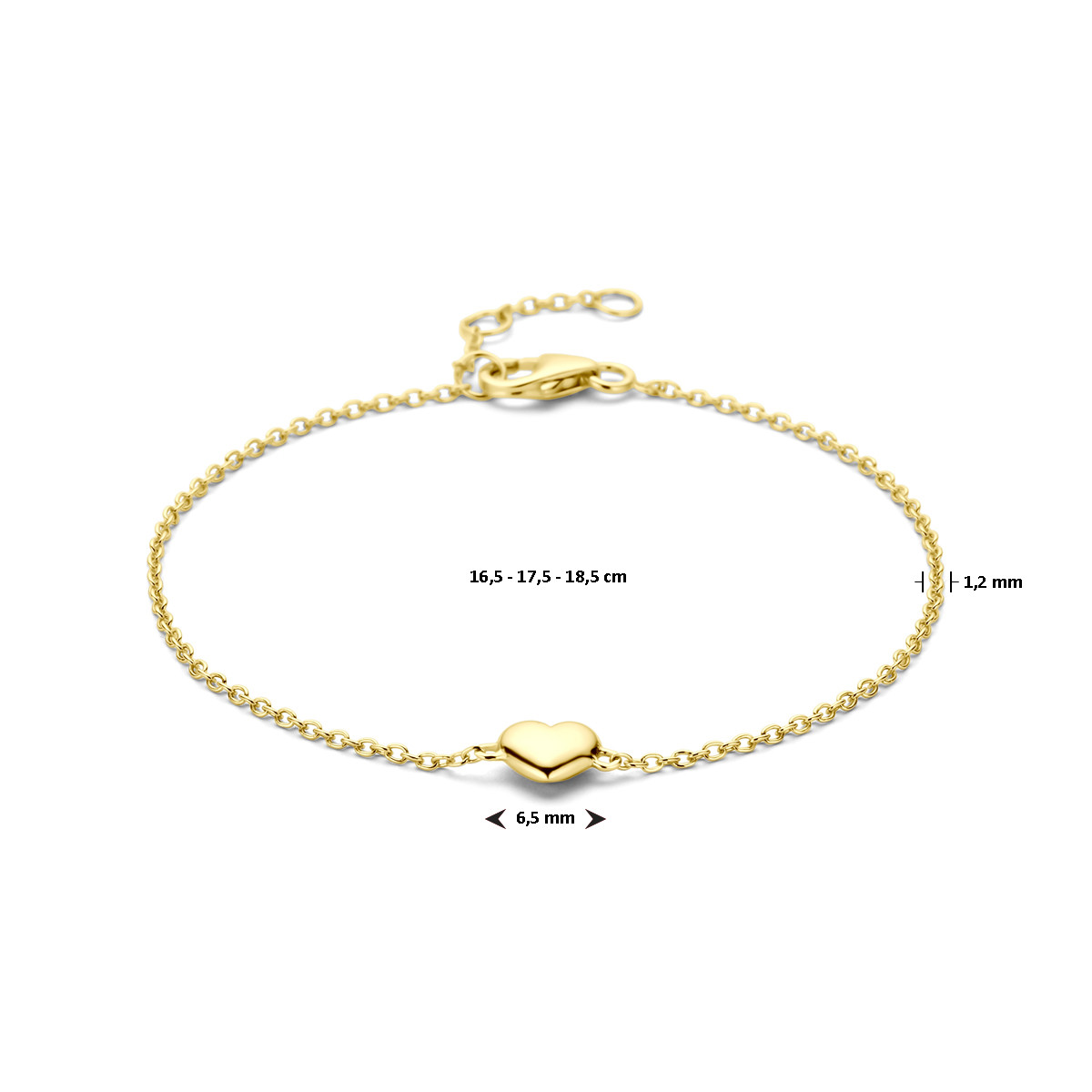 Gold plated armband met hartjes hanger - Lengte 16.5 cm, 17.5 cm, 18.5 cm