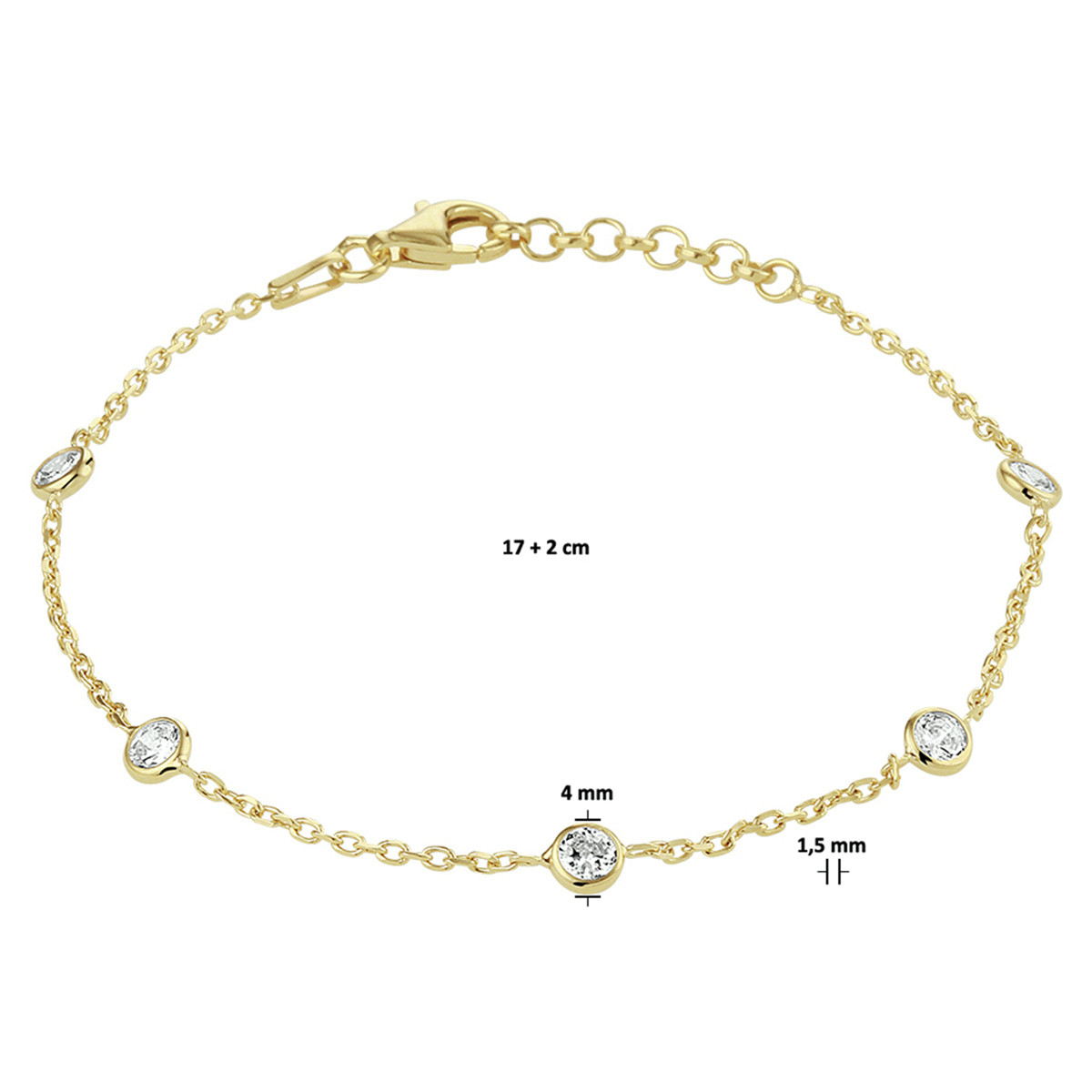 Gold plated armband met transparante zirkonia's van 4 mm - Lengte 17-19 cm