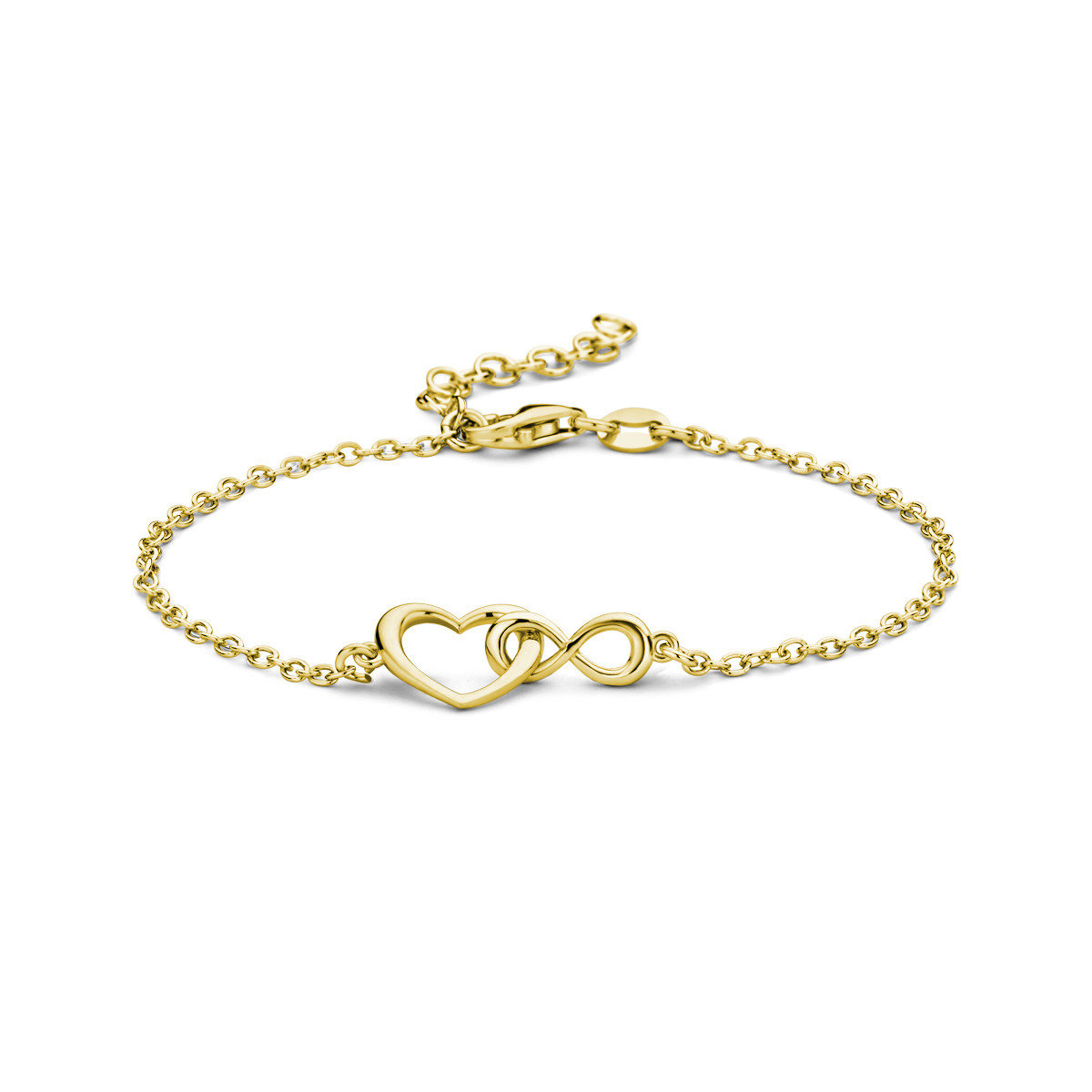 Gold plated armband met verbonden hartje en infinity hanger - Lengte 16-19 cm