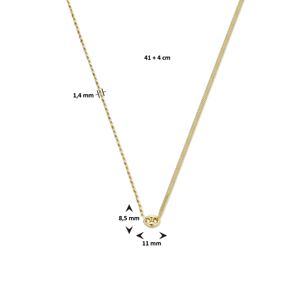 Gold plated combi-ketting met twee schakels en koffieboontje - Lengte 41 + 4 cm