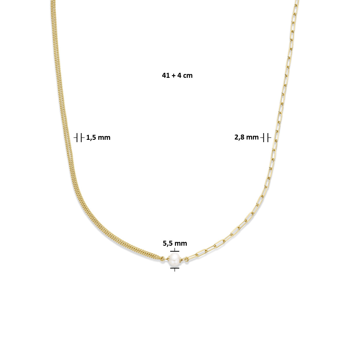 Gold plated combi-ketting met zoetwaterparel - Lengte 41 + 4 cm
