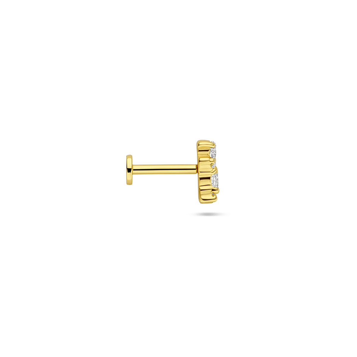 Gold plated flatback piercing met transparante zirkonia 3.5 mm breed - Hoogte 6.5 mm - Per stuk