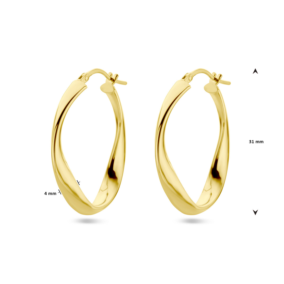 Gold plated gedraaide ovale oorringen met glanzend oppervlak 4 mm - Hoogte 31 mm
