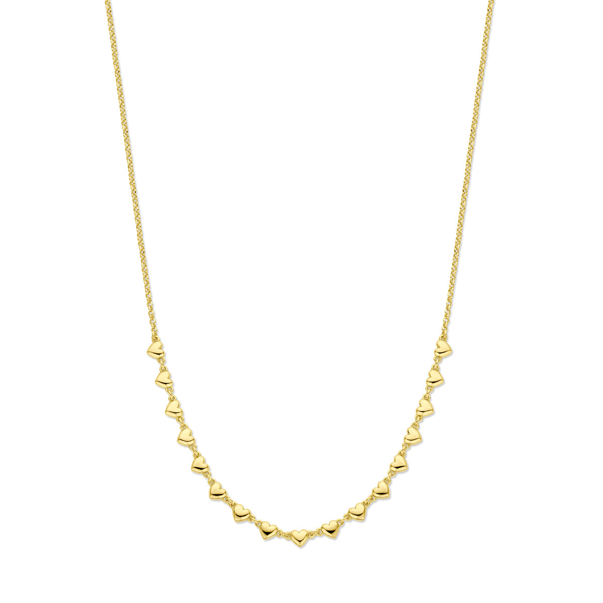 Gold plated hartjes ketting met een rij hartjes van 5 mm - Lengte 41-45 cm