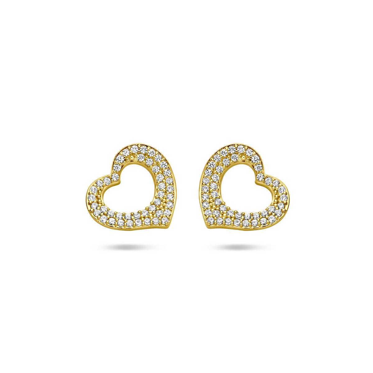 Gold plated hartvormige oorknopjes met zirkonia 11 mm breed - Hoogte 10 mm