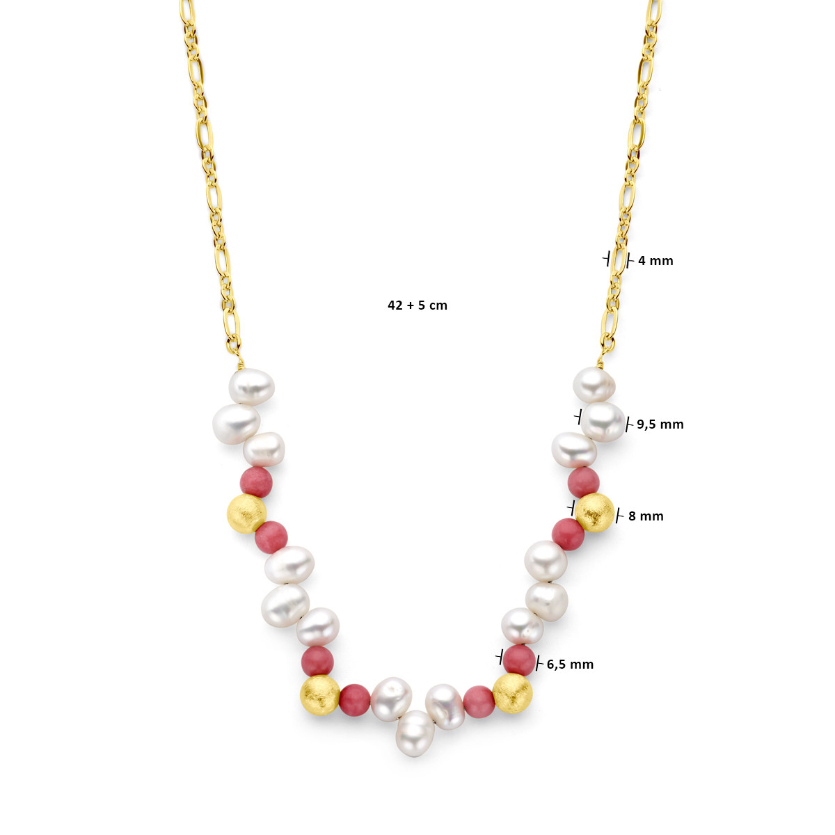 Gold plated ketting met bolletjes, parels en roze jade - Lengte 42-47 cm