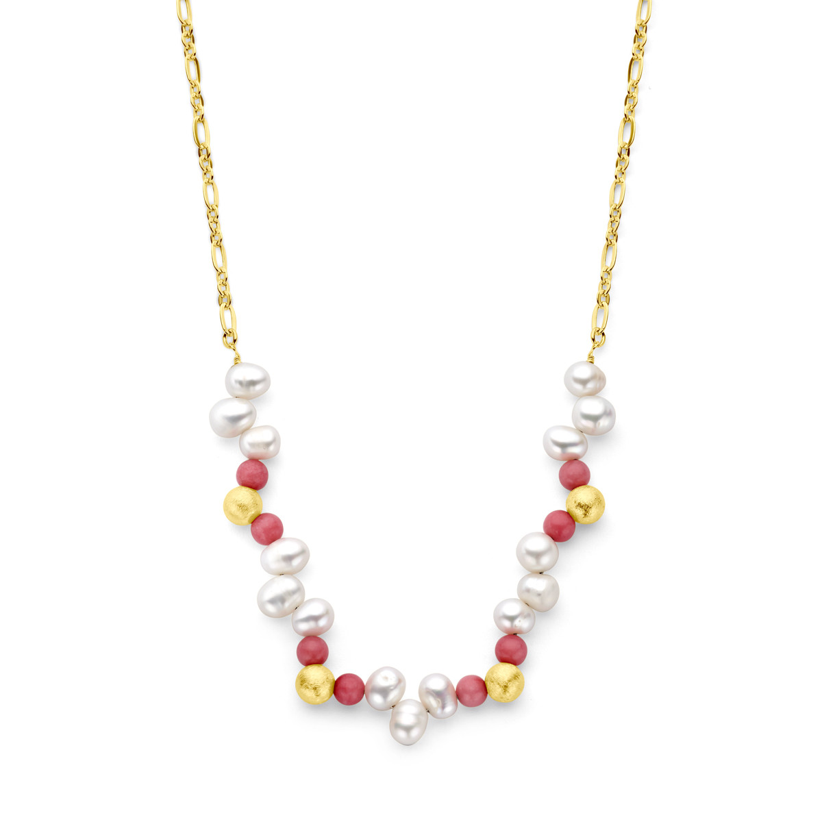 Gold plated ketting met bolletjes, parels en roze jade - Lengte 42-47 cm