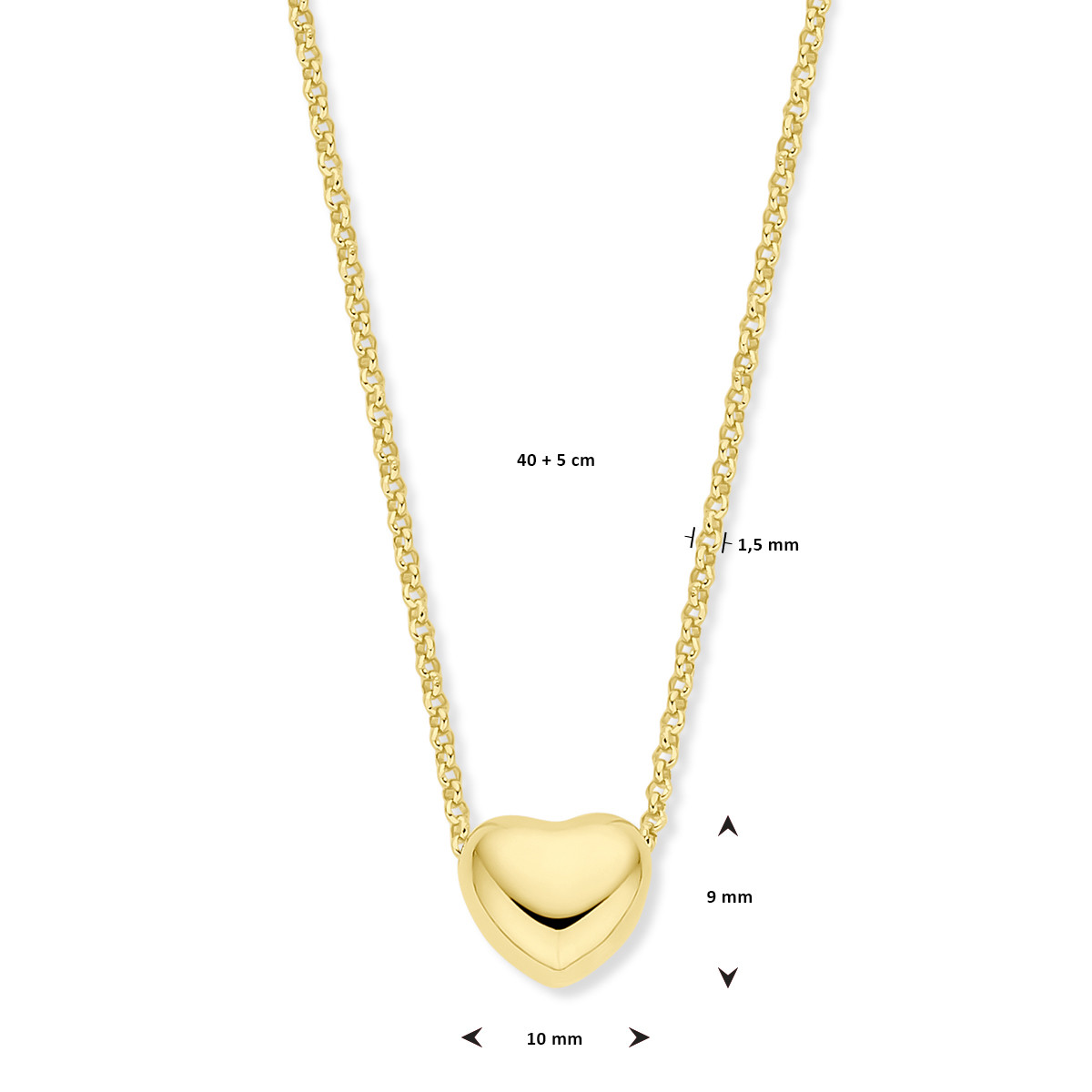 Gold plated ketting met glanzend hartje 9 mm x 10 mm - Lengte 40-45 cm
