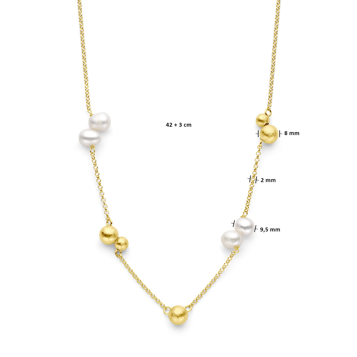 Gold plated ketting met gold plated bolletjes en witte parels - Lengte 42-45 cm