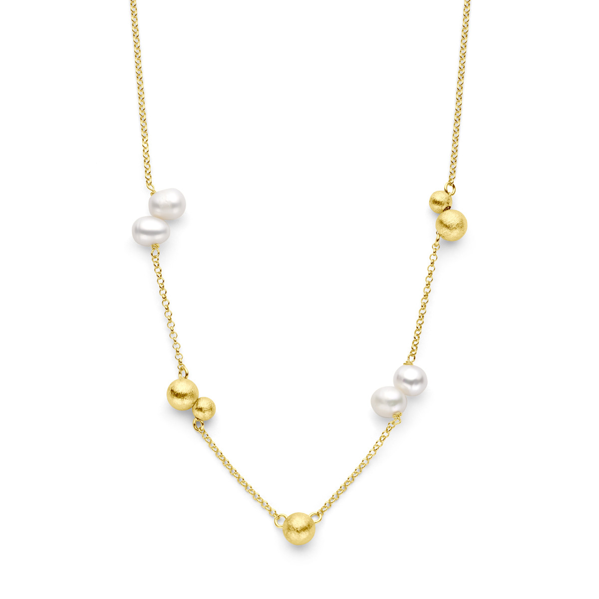 Gold plated ketting met gold plated bolletjes en witte parels - Lengte 42-45 cm