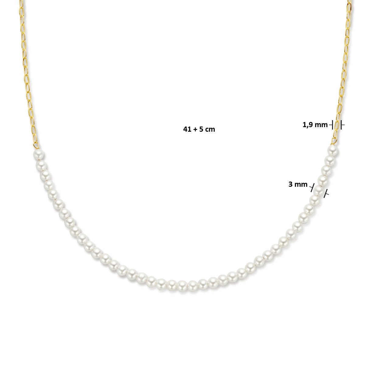Gold plated ketting met goudkleurige ankerschakels en imitatie parels 1.9 mm breed - Lengte 41-46 cm