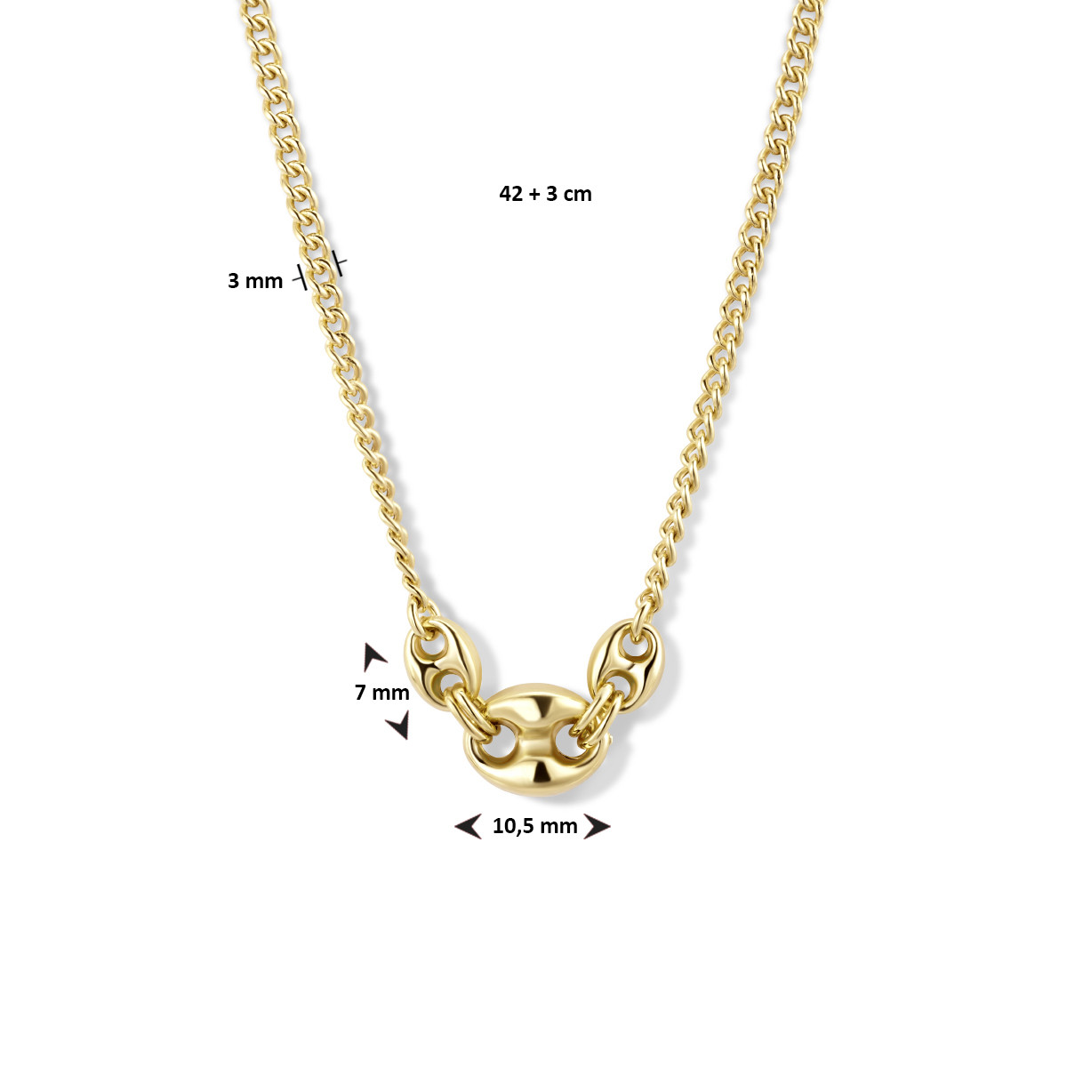 Gold plated ketting met gourmetschakel en koffieboontjes - Lengte 42 + 3 cm